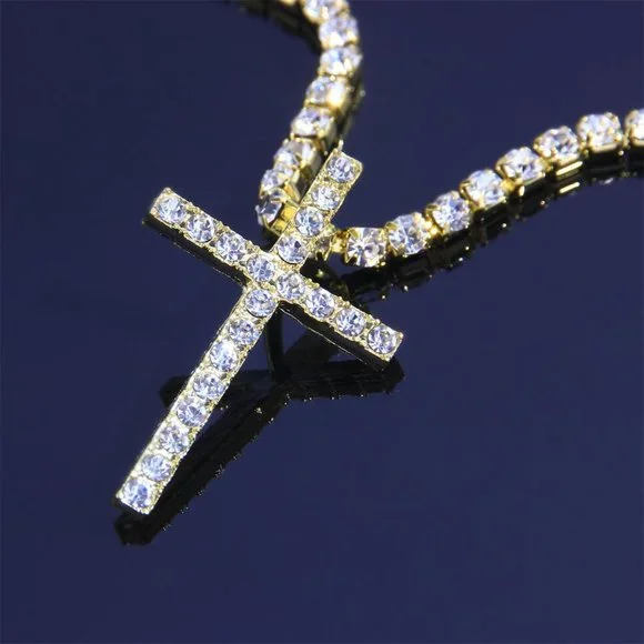 Big Cross Necklace Tennis Chain Crystal Rhinestone Choker Necklace Women Collar - Picture 4 of 8